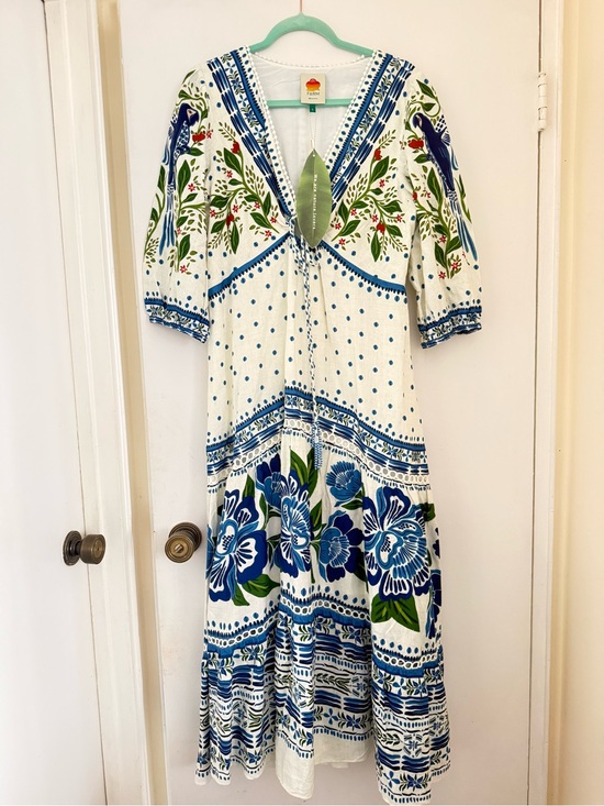 FARM Rio Dresses & Skirts - FARM Rio White Maxi Dress with Blue Floral & Green Leaf Motif